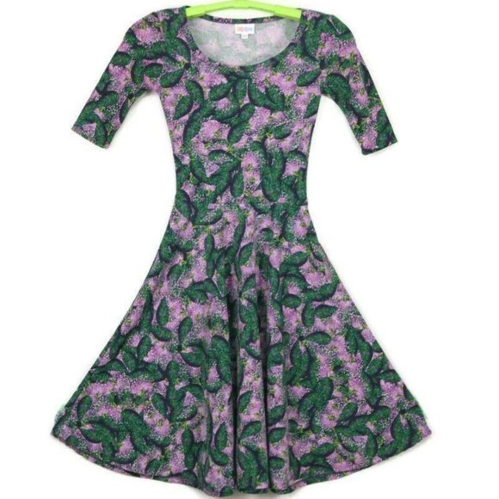 LuLaRoe Nicole‎ Fit & Flare A-Line Dress Purple Green Floral Leaves USA XXS